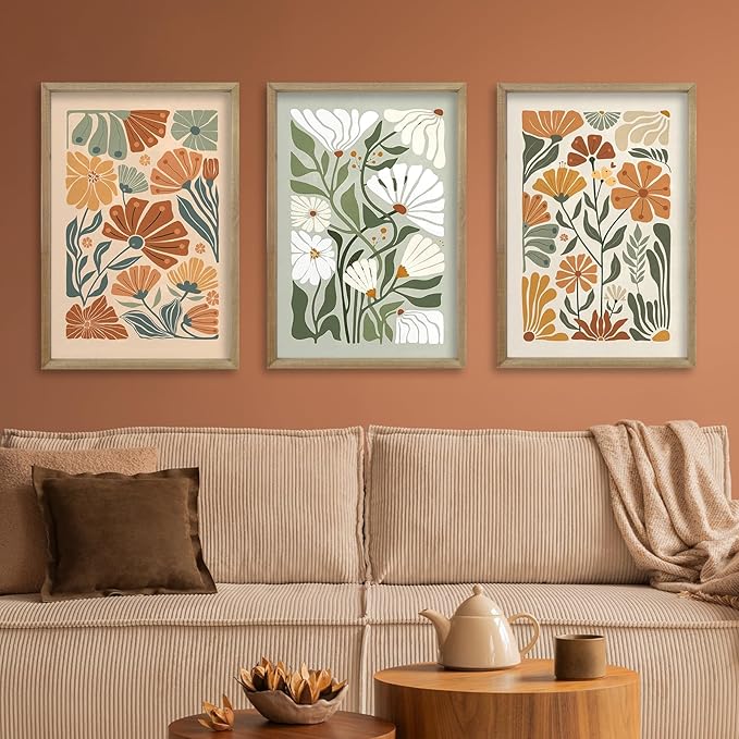 Wildflower Floral Green Botanical Wall Art Print 16"x11" Set of 3 flower Illustrations Minimalist Modern Boho Sign Wood Framed for Living Room Bedroom Office Abstract Wall Hang Decor (Wood)