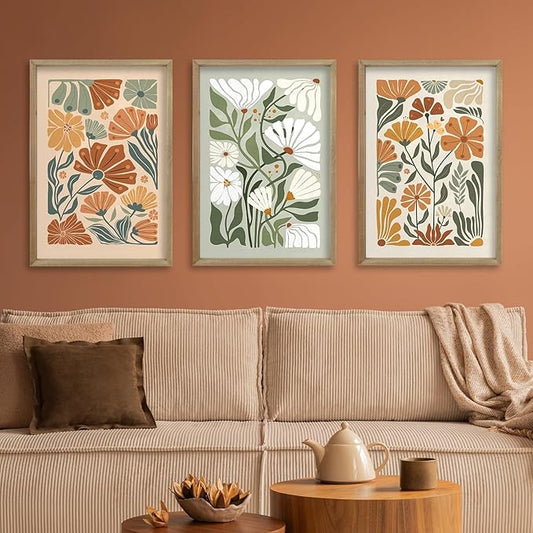 Wildflower Floral Green Botanical Wall Art Print 16"x11" Set of 3 flower Illustrations Minimalist Modern Boho Sign Wood Framed for Living Room Bedroom Office Abstract Wall Hang Decor (Wood)