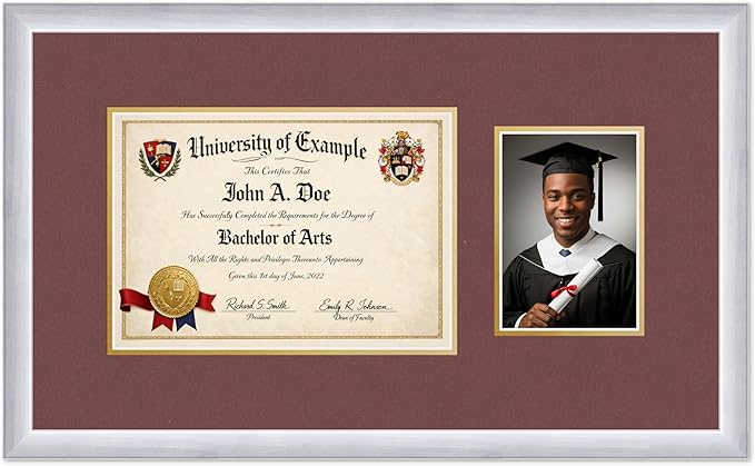 CountryArtHouse Fits 11.69 x 8.27 A4 Certificate and 5 x 7 Photo Diploma and Photo Frame Stainless Silver Genuine Hardwood with Dark Red Over Metallic Gold Double mat