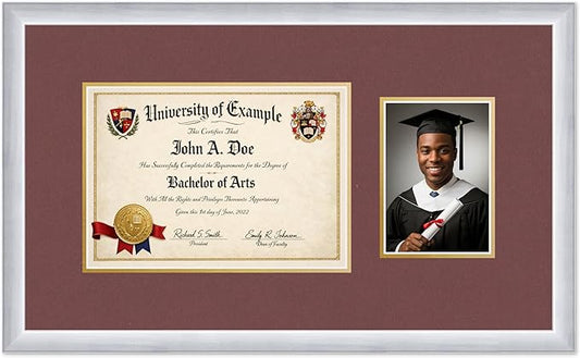 CountryArtHouse Fits 11.69 x 8.27 A4 Certificate and 5 x 7 Photo Diploma and Photo Frame Stainless Silver Genuine Hardwood with Dark Red Over Metallic Gold Double mat