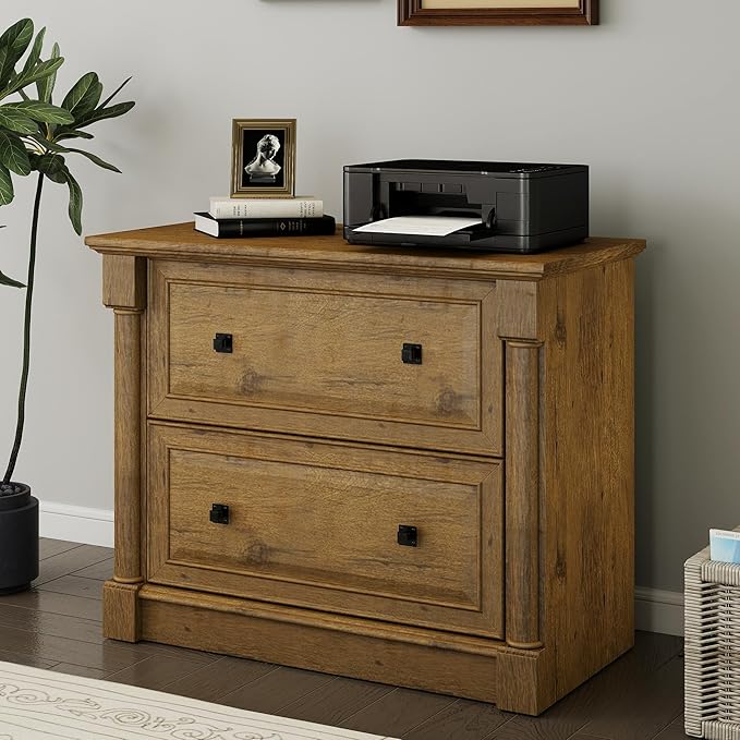 2-Drawer Roman Column File Cabinet, 36.8″ Wide Lateral File Cabinet with Hanging Folders, Fits Letter Legal A4 Sizes, Elegant Classic Design for Home Office Boss Room or Printer Stand, Vintage Oak