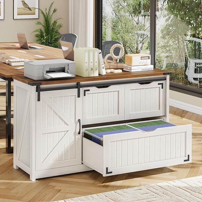 Vabches 47.8” Farmhouse Lateral File Cabinet with Sliding Barn Door, 3 Drawers Filing Storage Cabinets with Adjustable Shelf, Office Printer Stand for Hanging Files Letter/Legal/F4/A4.