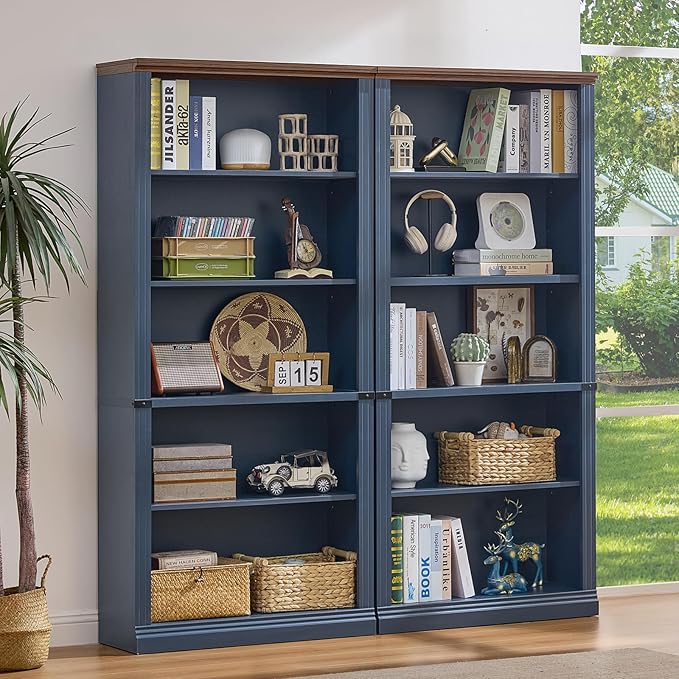 70" Blue Tall Bookshelf Set of 2,5-Tier Thick Wooden Book Shelf with Adjustable Shelves,Free Standing Farmhouse Bookcase with Open Display Storage,Floor Vintage Bookshelves for Living Room