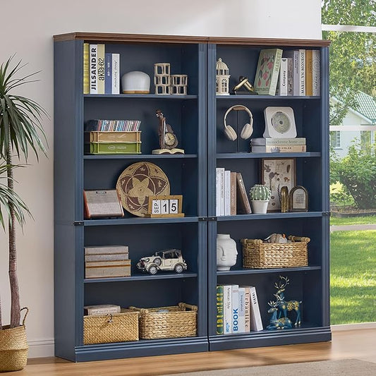 70" Blue Tall Bookshelf Set of 2,5-Tier Thick Wooden Book Shelf with Adjustable Shelves,Free Standing Farmhouse Bookcase with Open Display Storage,Floor Vintage Bookshelves for Living Room
