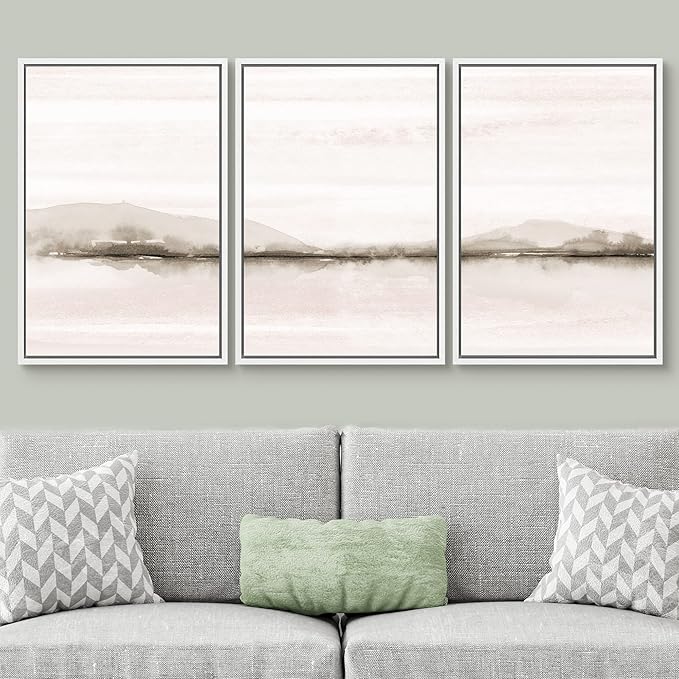 SIGNWIN Framed Canvas Print Wall Art Set Pastel Sunset Mountain Forest Lake Nature Wilderness Illustrations Modern Art Rustic Scenic Relax/Calm for Living Room, Bedroom, Office - 16"x24"x3 White