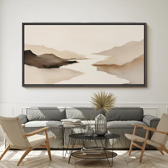 SIGNFORD Extra Large Framed Canvas Print Wall Art Abstract Neutral Mountain Lake Landscape Illustrations Modern Art Calm Warm for Living Room, Bedroom, Office - 60"x30"