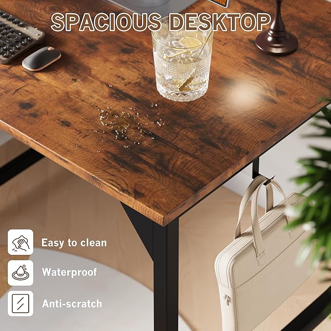 Shahoo 40 Inch Computer Desk, Wood Modern Simple PC Home Office Table for Small Spaces with Storage Bag and Headphone Hook for Home, Office, Study, Writing, Rustic Brown