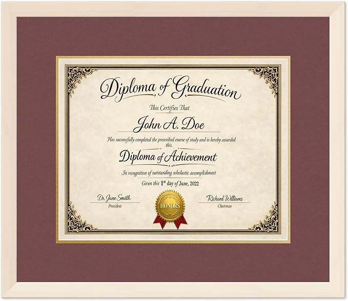 Diploma Frame Coastal Whitewash with Dark Red Over Gold Double Mat - Fits 15 x 12 Military/Government Wall Display Made in the USA