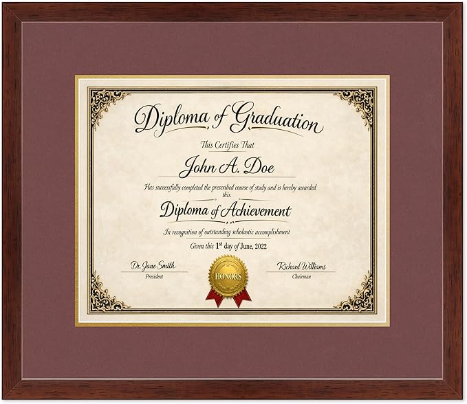 Diploma Frame Rustic Walnut with Dark Red Over Gold Double Mat - Fits 15 x 12 Military/Government Wall Display Made in the USA