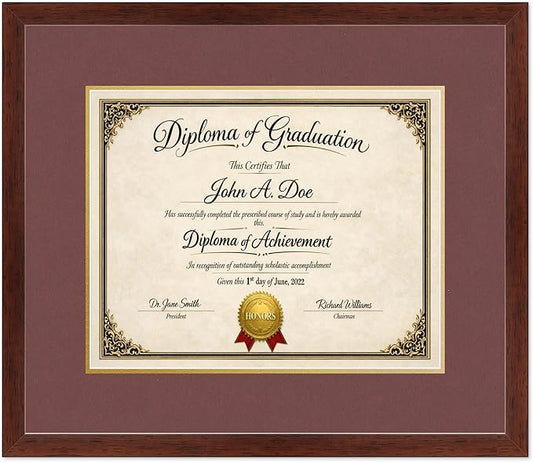 Diploma Frame Rustic Walnut with Dark Red Over Gold Double Mat - Fits 15 x 12 Military/Government Wall Display Made in the USA