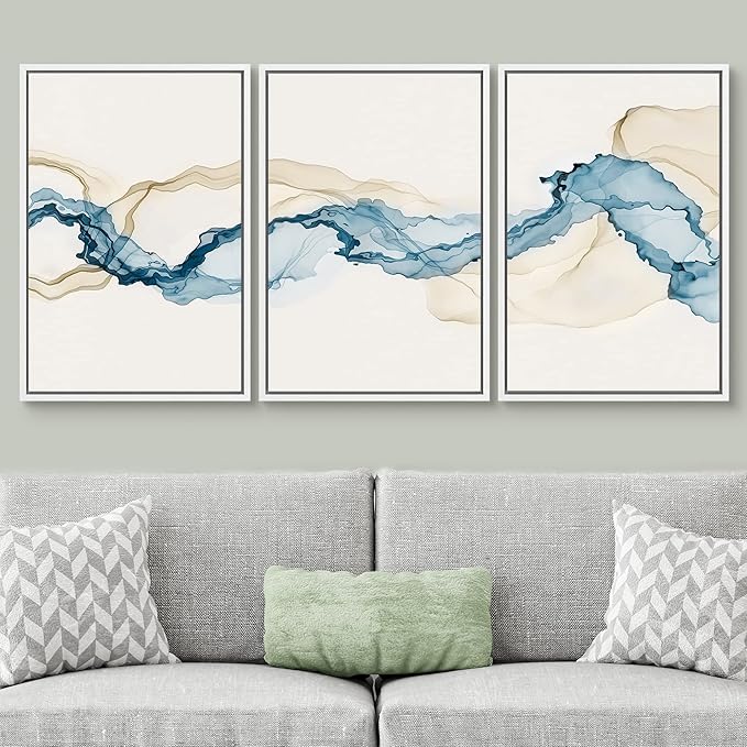 SIGNWIN Framed Canvas Print Wall Art Set Blue Tan Smoke Wave Landscape Abstract Shapes Illustrations Modern Art Decorative Contemporary Colorful for Living Room, Bedroom, Office - 16"x24"x3 White
