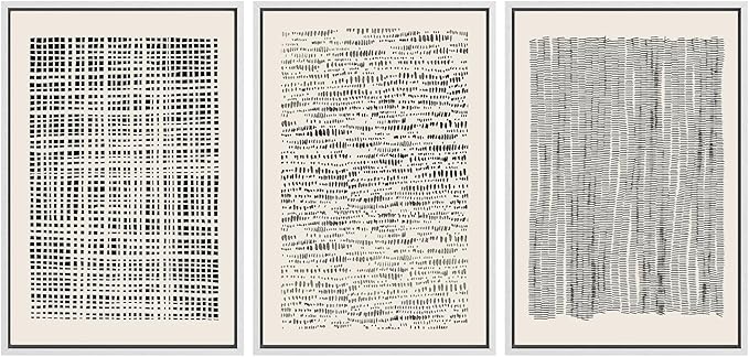 SIGNWIN Framed Canvas Print Wall Art Set Geometric Dark Black Grid Wave Pattern Abstract Shapes Cozy Neutral Modern Art Decorative Contemporary for Living Room, Bedroom, Office - 24"x36"x3 White