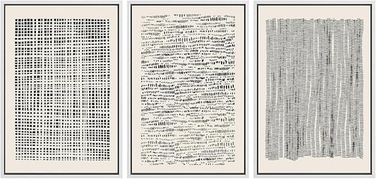 SIGNWIN Framed Canvas Print Wall Art Set Geometric Dark Black Grid Wave Pattern Abstract Shapes Cozy Neutral Modern Art Decorative Contemporary for Living Room, Bedroom, Office - 24"x36"x3 White