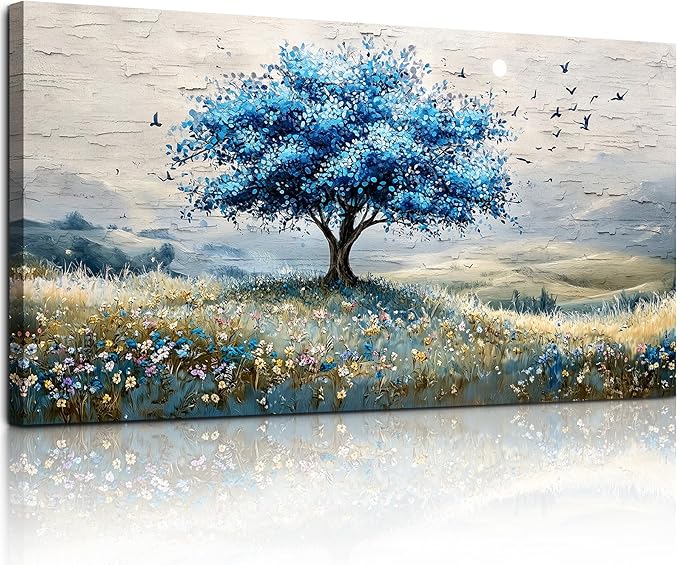 SERIMINO Tree of Life Large Wall Art, Country Landscape Canvas Art Prints, Blue Tree Nature Artwork for Walls, Modern Wall Pictures for Living Room Bedroom Dining Room, Rustic Farmhouse Decor 24"X48"