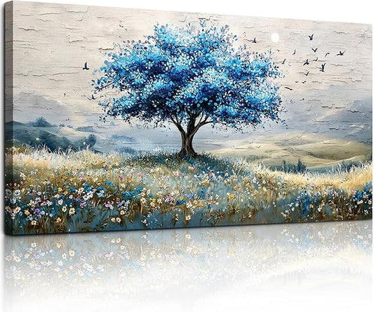 SERIMINO Tree of Life Large Wall Art, Country Landscape Canvas Art Prints, Blue Tree Nature Artwork for Walls, Modern Wall Pictures for Living Room Bedroom Dining Room, Rustic Farmhouse Decor 29"X57"