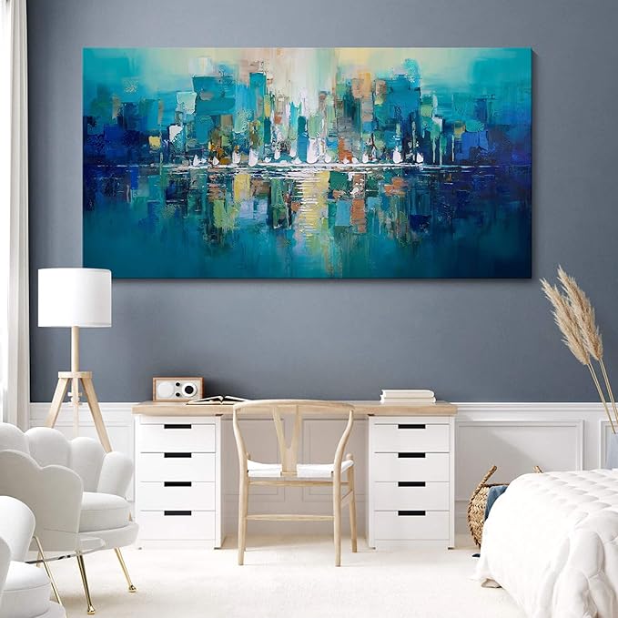 YDYSUNE Large Canvas Wall Art for Living Room - Abstract Wall Decor City View Framed Picture Artwork for Decorative Paintings Teal and White Modern Office Bedroom Art Size 29x58inch