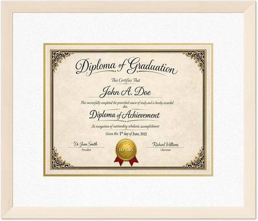 Diploma Frame Coastal Whitewash with Oyster Shell Over Gold Double Mat - Fits 14 x 11 College Diploma (Modern) Wall Display Made in the USA