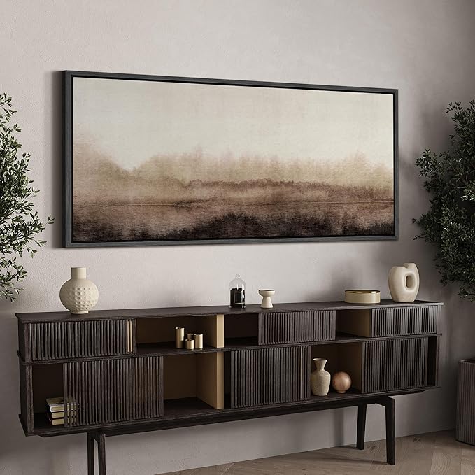 SIGNFORD Extra Large Framed Canvas Misty Woodland Neutral Landscape Illustrations Modern Art Calm Warm for Living Room, Bedroom, Office - 60"x30"