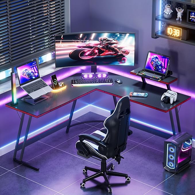 Homall L Shaped Gaming Desk Computer Corner Desk PC Gaming Desk Table with Large Monitor Riser Stand for Home Office Sturdy Writing Workstation (Black, 51 Inch)