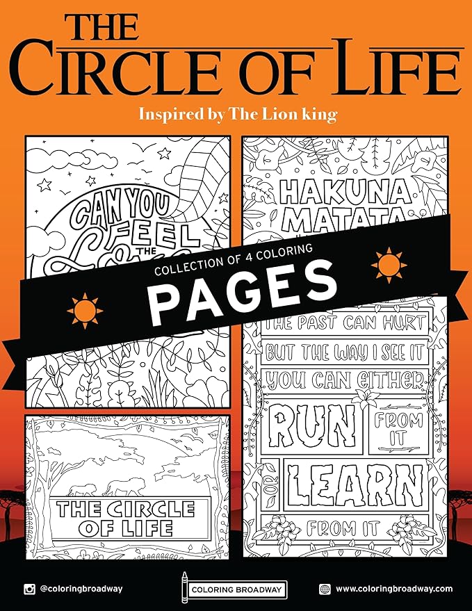 Coloring Broadway - Coloring Pages (Set of 4), Circle of Life Musical Merchandise, Printed on Matte Card Stock (8 1/2” x 11”), Ideal Gift for a Broadway Theater Lover