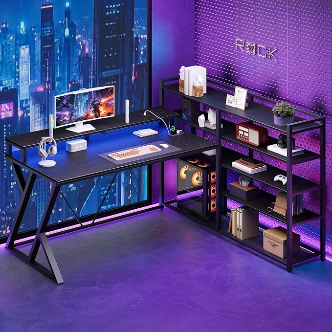Reversible L Shaped Gaming Desk with Shelves, 52'' L Shaped Computer Desk with Power Outlet and LED Light, Corner Desk with Storage Shelf and Monitor Stand, for Home Office, Black