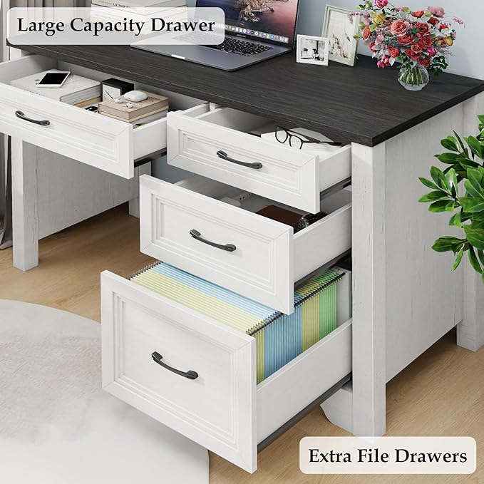 Farmhouse Executive Desk with Drawers, Wood Computer Desk with Ample File Drawer, Rustic Home Office Desk with Storage for Bedroom, Living Room, Black