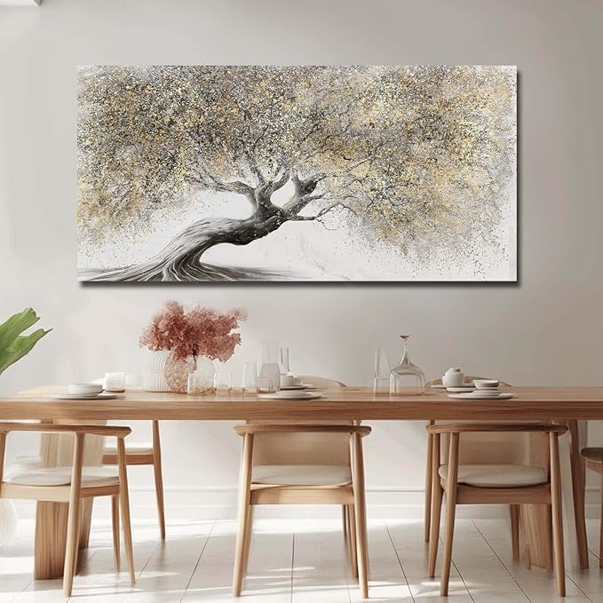 Gold Wall Art Canvas Wall Pictures Large Artwork Landscape Painting Photo Prints Wall Decorations Tree Wall Decor for Living Room Dining Room 29"x58"