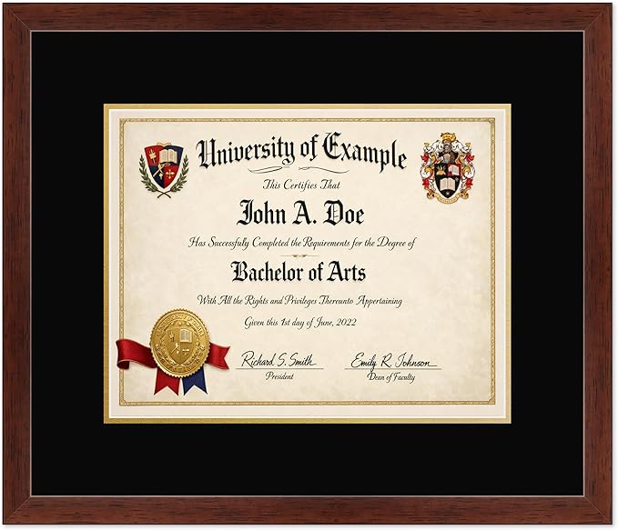 CountryArtHouse Diploma Frame Fits 14 x 11 College Diploma (Modern) - Keepsake Graduation Display Rustic Walnut Genuine Hardwood with Black Over Metallic Gold Double mat