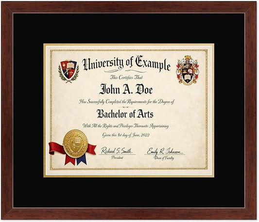CountryArtHouse Diploma Frame Fits 14 x 11 College Diploma (Modern) - Keepsake Graduation Display Rustic Walnut Genuine Hardwood with Black Over Metallic Gold Double mat