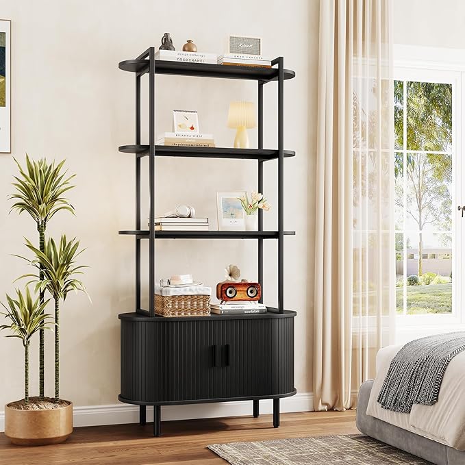 5 Tier Tall Bookshelf with Cabinet, Fluted Bookcase with Sliding Door, Metal and Wood Display Shelf, Free Standing Storage Shelving Unit, Corner Storage Organizer for Living Room, Home Office, Black
