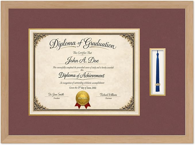 Diploma Frame with Tassel Holder Natural Wood Shadowbox Dark Red Over Gold Mat - Fits 14 x 11 Degree Made in the USA