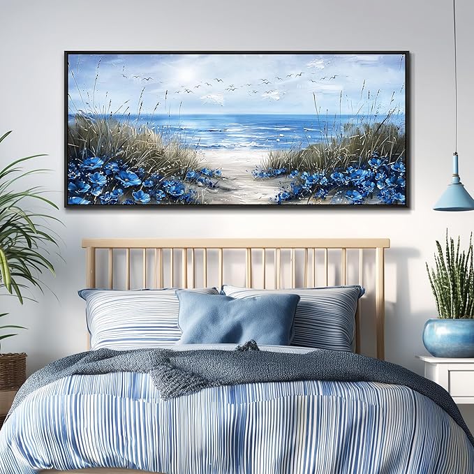 KELIYUAN Blue Ocean Wall Painting Wall Art For Living Room Large Canvas Wall Decor For Bedroom Office Decor Sea Wave Pictures Artwork Modern Beach Posters Aesthetic Home Decor Wooden Frame 32"X72"