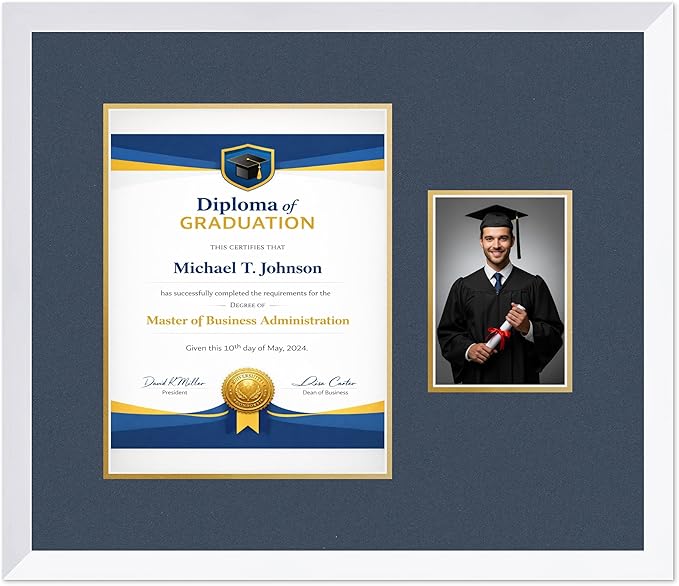 Diploma Frame With Photo Opening Bright White Navy Blue Over Gold Mat - Fits 10 x 13 Degree and Picture Made in the USA