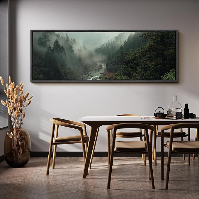 SIGNFORD Large Framed Canvas Misty Forest River Landscape Nature Photography Illustrations Modern Art Calm Warm for Living Room, Bedroom, Office - 60"x20"