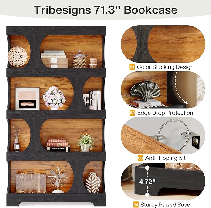 Tribesigns 71" Tall Bookcase Set of 2, 4-Tier S-Shaped Bookshelf, Wood Decorative Storage Shelving, Modern Freestanding Display Shelves, Large Library Bookshelf Unit for Home Office, Black & Brown
