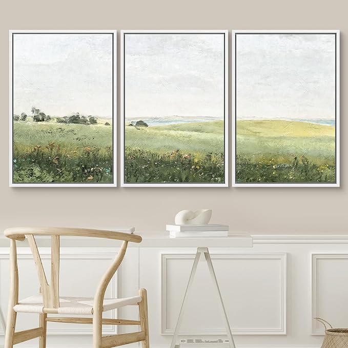 SIGNWIN Framed Canvas Print Wall Art Set Green Pasture Countryside Flower Field Nature Abstract Illustrations Modern Art Decorative Nordic Rustic for Living Room, Bedroom, Office - 16"x24"x3 White