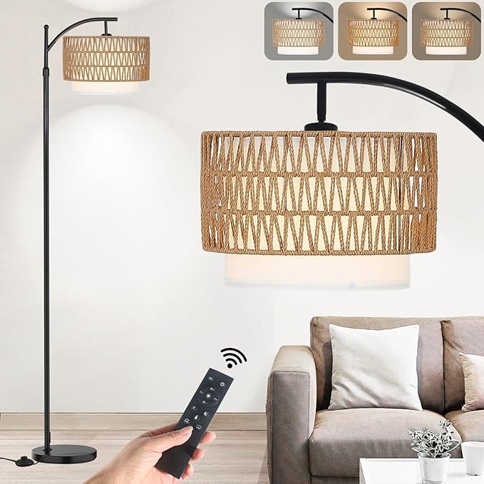 Arc Floor Lamp for Living Room,Farmhouse Floor Lamps with Remote Control & Dimmable Bulb,Rattan Boho Tall Standing Lamp for Bedroom Office