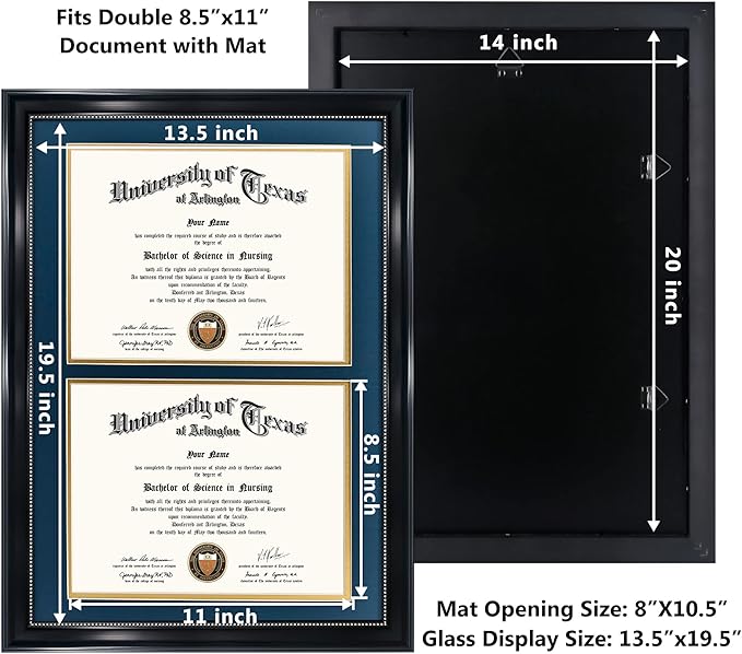 GraduationMall 14x20 Double Diploma Frame, Display 8.5x11 Certificate with Navy over Gold Mat,Tempered Glass,Black with Silver Beads
