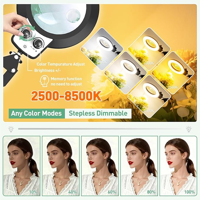 12X & 30X Magnifying Glass with Light, 3 Section Long Arm LED Desk Lamp with Large Clamp, 3 Color and Brightness Magnifier Light and Stand for Sewing, Craft(12X&30X 35in Circular Knob Clamp)