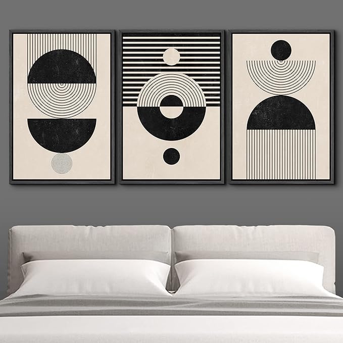 IDEA4WALL Framed Canvas Print Wall Art Set Geometric Black Tan Stripe Circle Stripe Collage Abstract Shapes Illustrations Modern Art Nordic for Living Room, Bedroom, Office - 24"x36"x3 Black