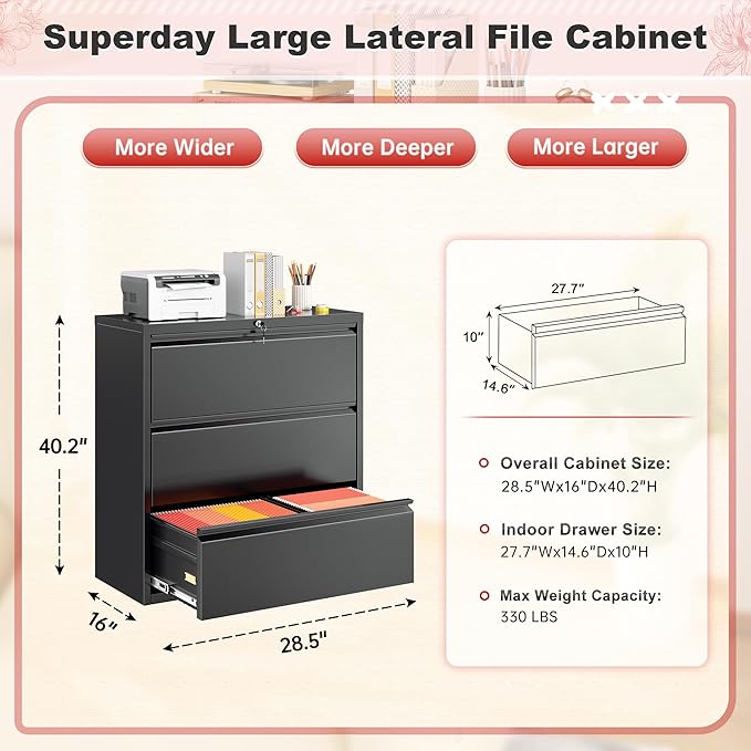 Superday Lateral File Cabinet 3 Drawer Metal File Cabinet with Lock, Black Filing Cabinets for Home Office, Locking Filing Cabinets Hanging Files Letter/Legal/F4/A4
