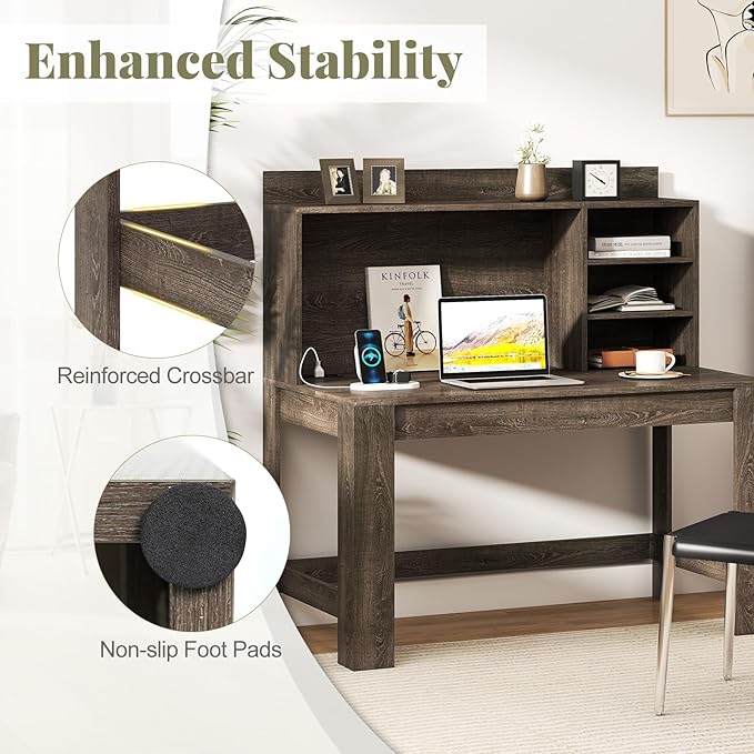 Giantex Computer Desk with Hutch, Modern Home Office Desk with Power Outlets, Storage Shelves & Cable Hole, Makeup Vanity Table, Study Writing Desk for Bedroom Office Small Space (Grey Oak)