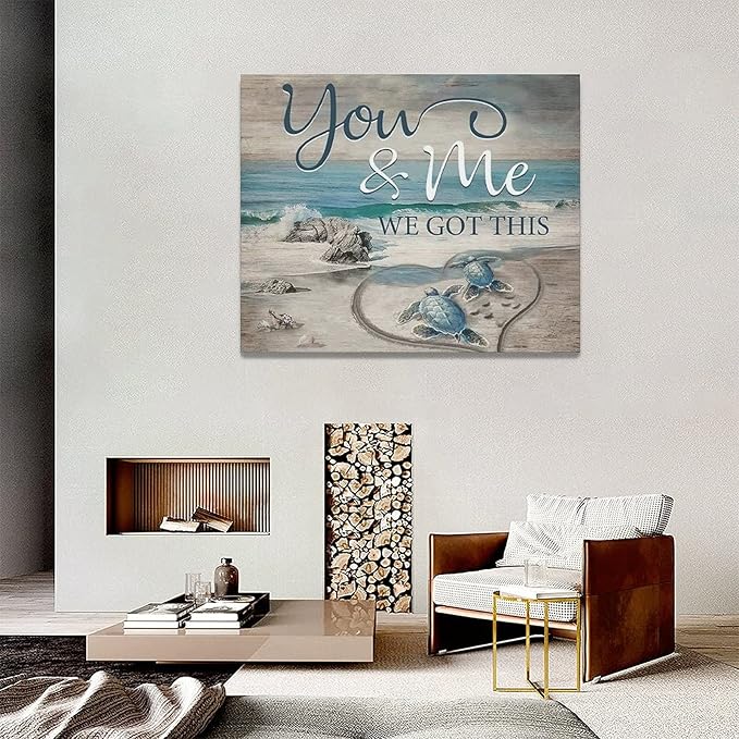 yerretin Beach Sea Turtle Bathroom Wall Art Ocean Turtle Pictures Wall Decor Coastal Nautical Seascape Canvas Painting Love Artwork Home Decoration for Bedroom Office Framed 20"x16"