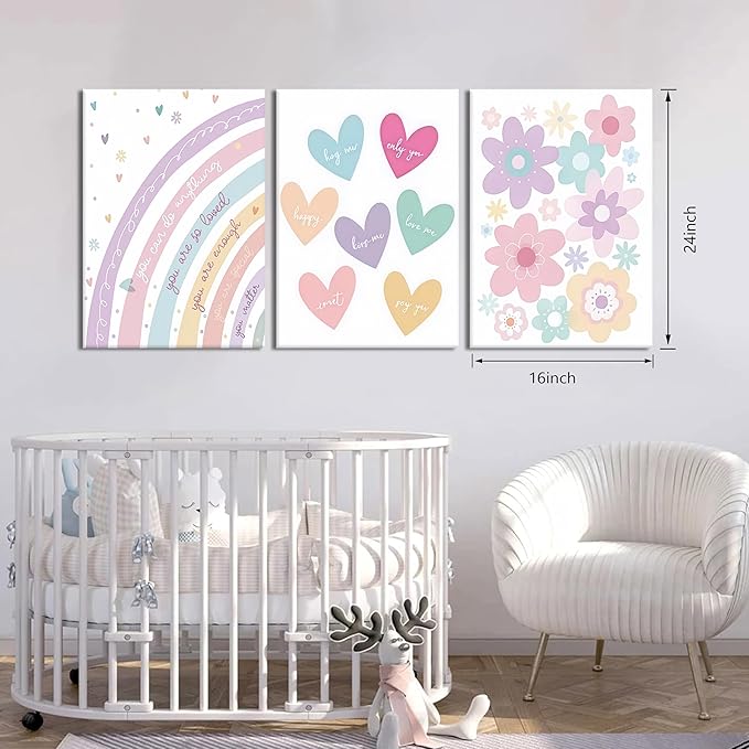 3 Pieces Nursery Boho Wall Art, Framed Cartoon Rainbow Canvas Prints, Colorful Heart Wall Decor, Cute Flower Posters Artwork, Pink Girls Room Aesthetic for Bedroom Dormitory – 12x16in