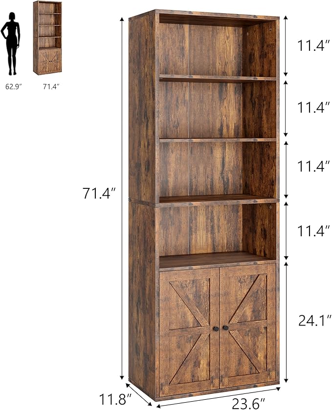 IDEALHOUSE Bookcase with Doors Industrial Bookshelf 11.8in Depth Display Storage Shelves 71.4in Tall Farmhouse Bookcases Wooden 6 Shelf Bookshelvels for Bedroom, Living Room, Home Office