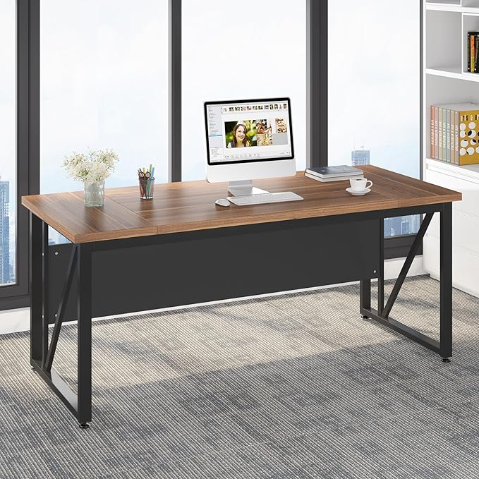 Tribesigns 63 inches Computer Desk, Modern Home Office Desk Writing Table for Workstation, Dark Walnut + Steel Leg, Cabinet not Included (Walnut, 63-inch)