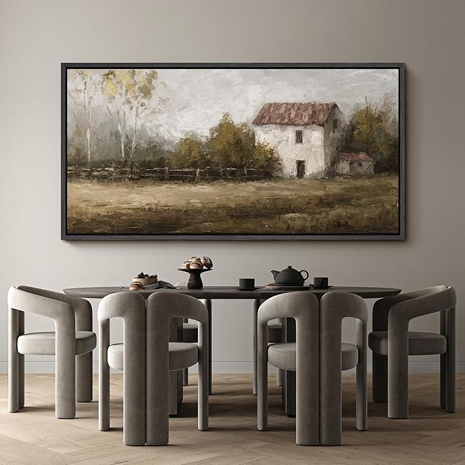 SIGNFORD Extra Large Framed Canvas Rustic Countryside House Landscape Illustrations Modern Art Calm Warm for Living Room, Bedroom, Office - 60"x30"
