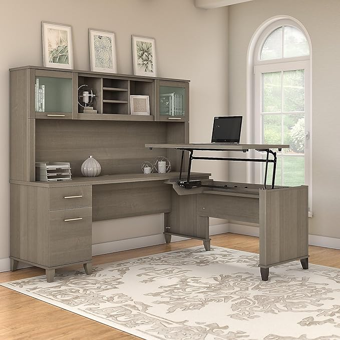 Bush Home Somerset 72W 3 Position Sit to Stand L Shaped Desk with Hutch in Ash Gray | Adjustable Height Table for Home Office
