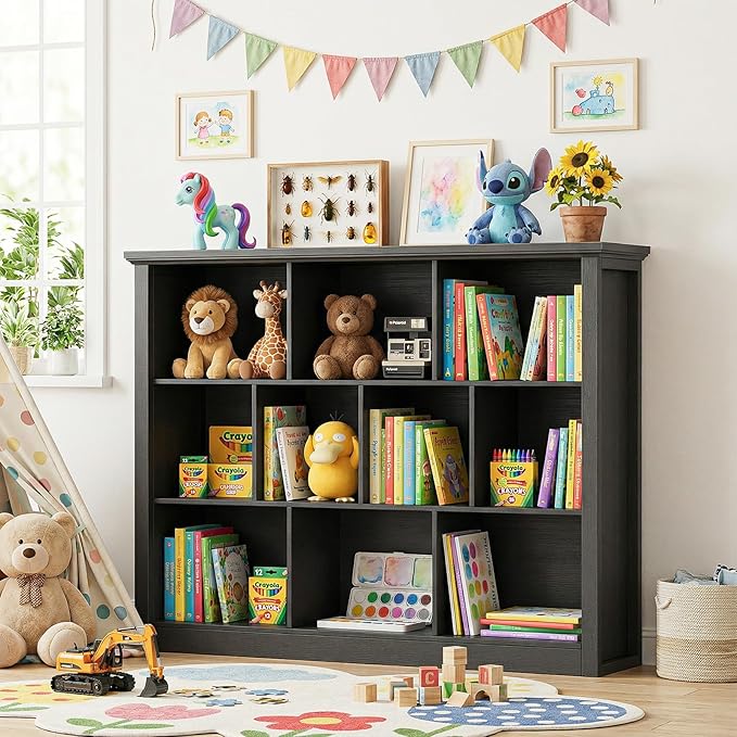 Unikito 10 Cube Storage Book Shelf - 50" Wide Wood Cube Storage Organizer, Wooden 3 Tiers Floor Standing Low Bookcase for Living Room, Bedroom, Home Office, Kids Room