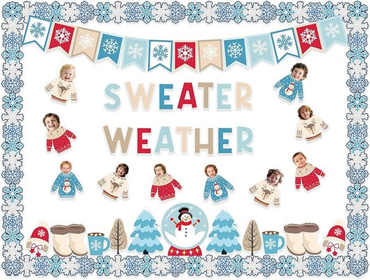 95Pcs Winter Bulletin Board Decoration Set Christmas Sweater Weather Classroom Decoration Kit Snowmen Snowflake Border DIY Photo for Home School Office Wall Door (Sweater)